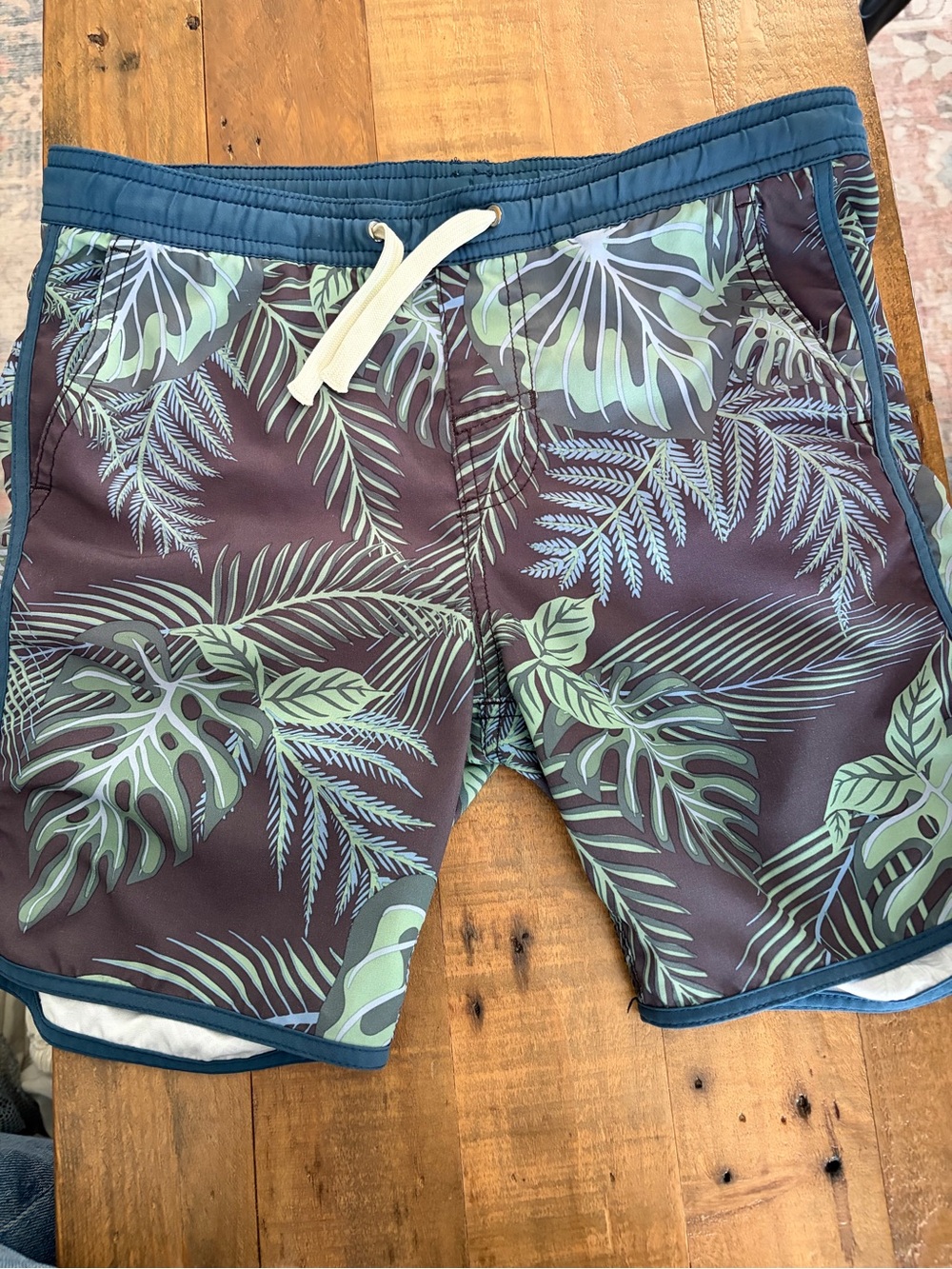 Fair Harbor Kids Tropical Leaf Swim Trunks — Teal Leaf on Deep Brown